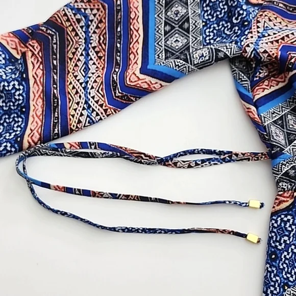 New Look Boho V Neck Long Sleeve Top Blue Red Grey Print Lightweight Size  M - Picture 7 of 11